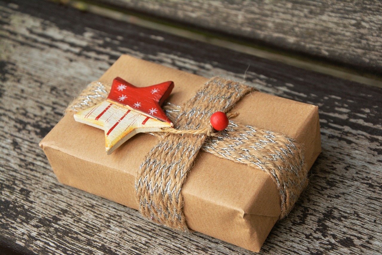gift package with ornament and twine