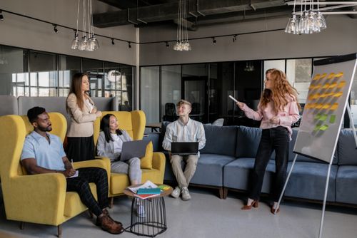 Professional team conducting a brainstorming session in a modern office setting